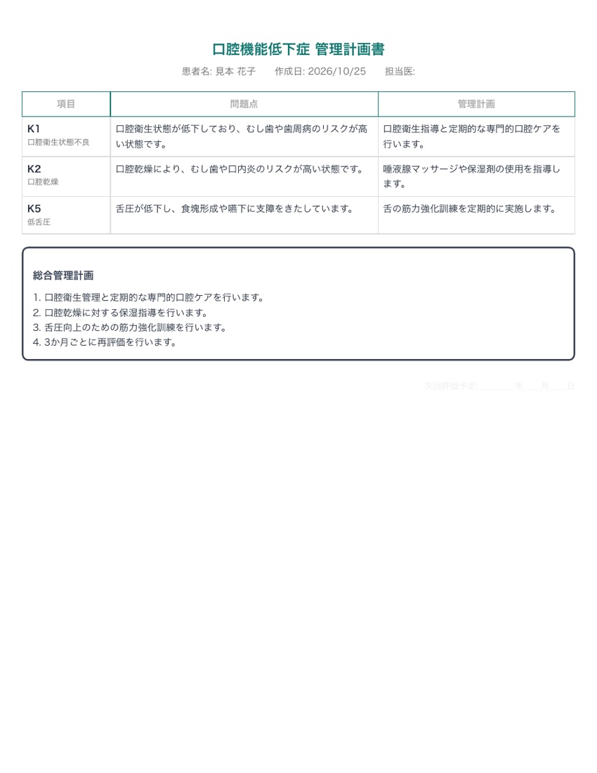 PDFの2ページ目。口腔機能低下症 管理計画書。項目、問題点、管理計画の表と総合管理計画