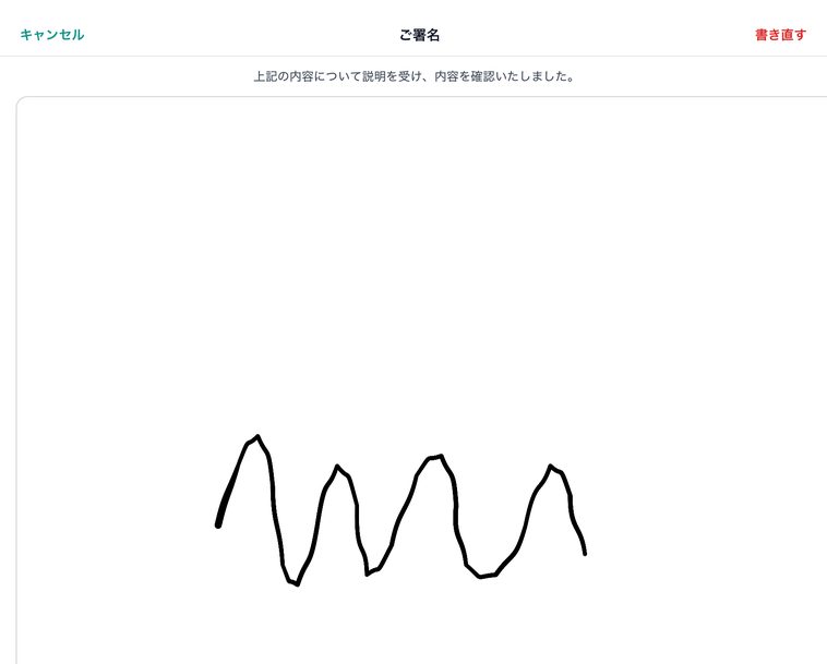 ご署名の画面。上記の内容について説明を受け、内容を確認いたしました、の一文と署名の欄